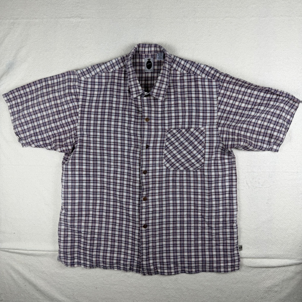 Bugle Boy Mens XXL Plaid Button Up Shirt Short Sleeve Ramie Cotton Blue Red - Picture 2 of 6